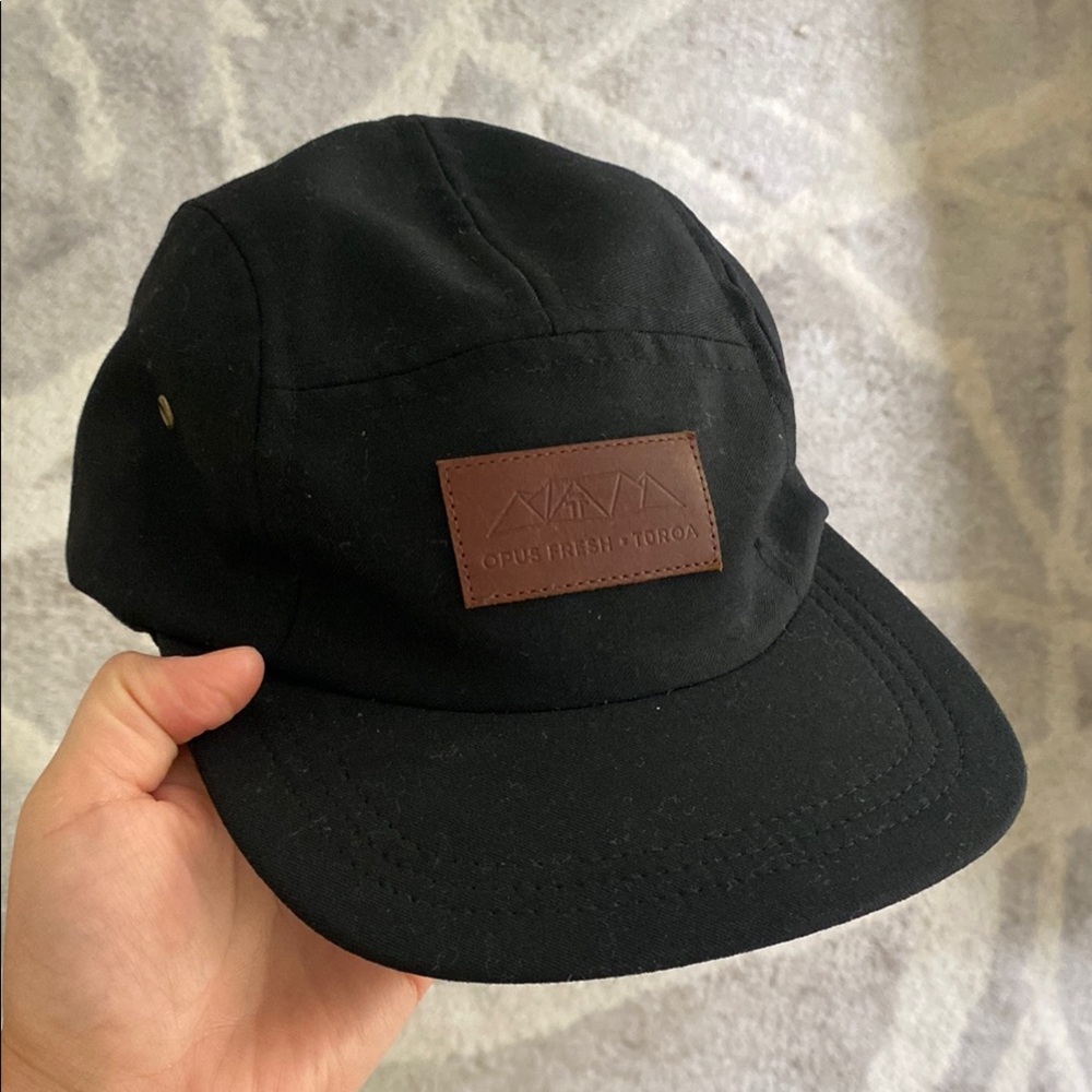 Black 5-Panel Hat with Brown Leather Patch